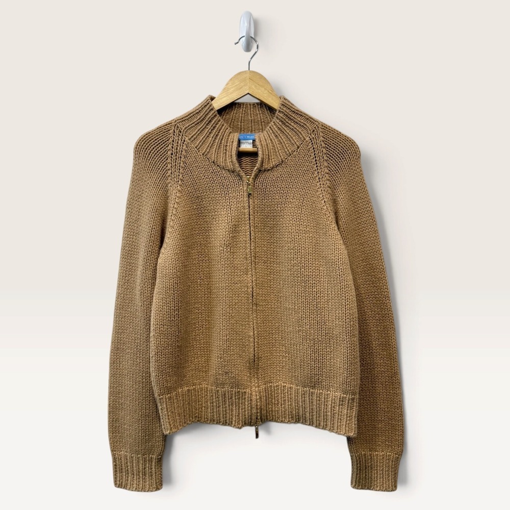 White + Warren Womens 100% Cashmere Chunky Knit Full Zip Cardigan Camel Tan L